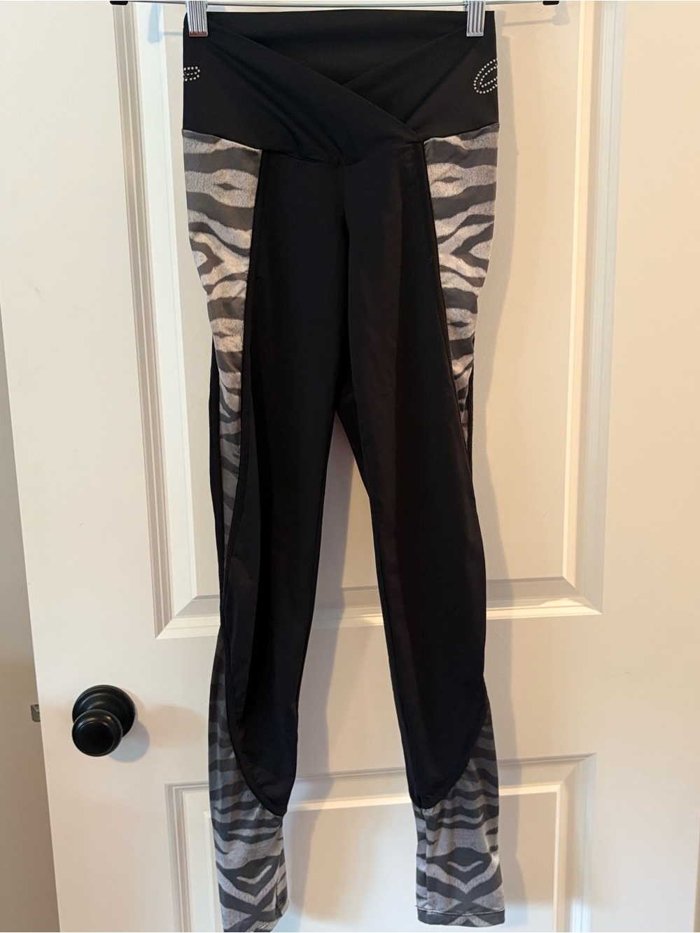 Labellamafia Cross-over Waist Black Leggings with Gray Zebra Accent